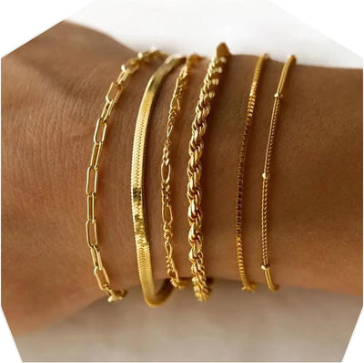 sundrerfect 6 Pièces Femme Bracelet- Ensemble de Bracelets en Acier Inoxydable - Bijoux de Femme Or Waterproof - Ensemble de Bracelets Or Cuban Paper Clip Femme
