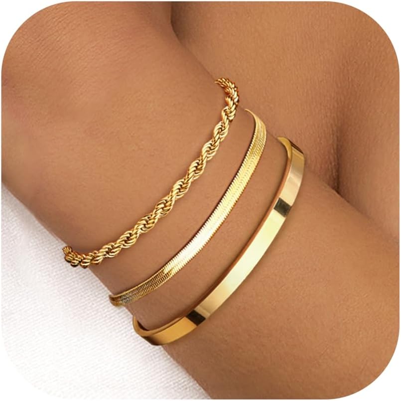Finrezio 3-5 Bracelets Or pour Femme Acier Inoxydable Plaqué Or 14 Carats Bracelets Empilables Figaro Chaîne Perles à Maillons Réglables Ensemble Bracelets étanches Bijoux Or pour Femme