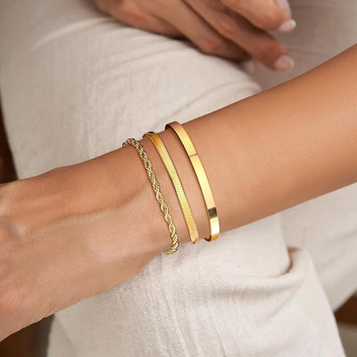 Finrezio 3-5 Bracelets Or pour Femme Acier Inoxydable Plaqué Or 14 Carats Bracelets Empilables Figaro Chaîne Perles à Maillons Réglables Ensemble Bracelets étanches Bijoux Or pour Femme