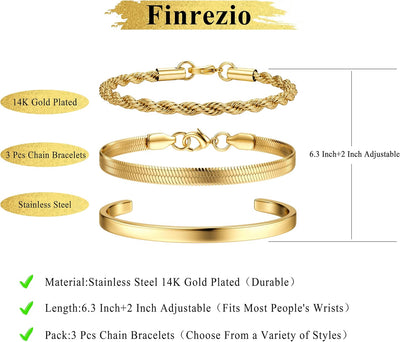 Finrezio 3-5 Bracelets Or pour Femme Acier Inoxydable Plaqué Or 14 Carats Bracelets Empilables Figaro Chaîne Perles à Maillons Réglables Ensemble Bracelets étanches Bijoux Or pour Femme